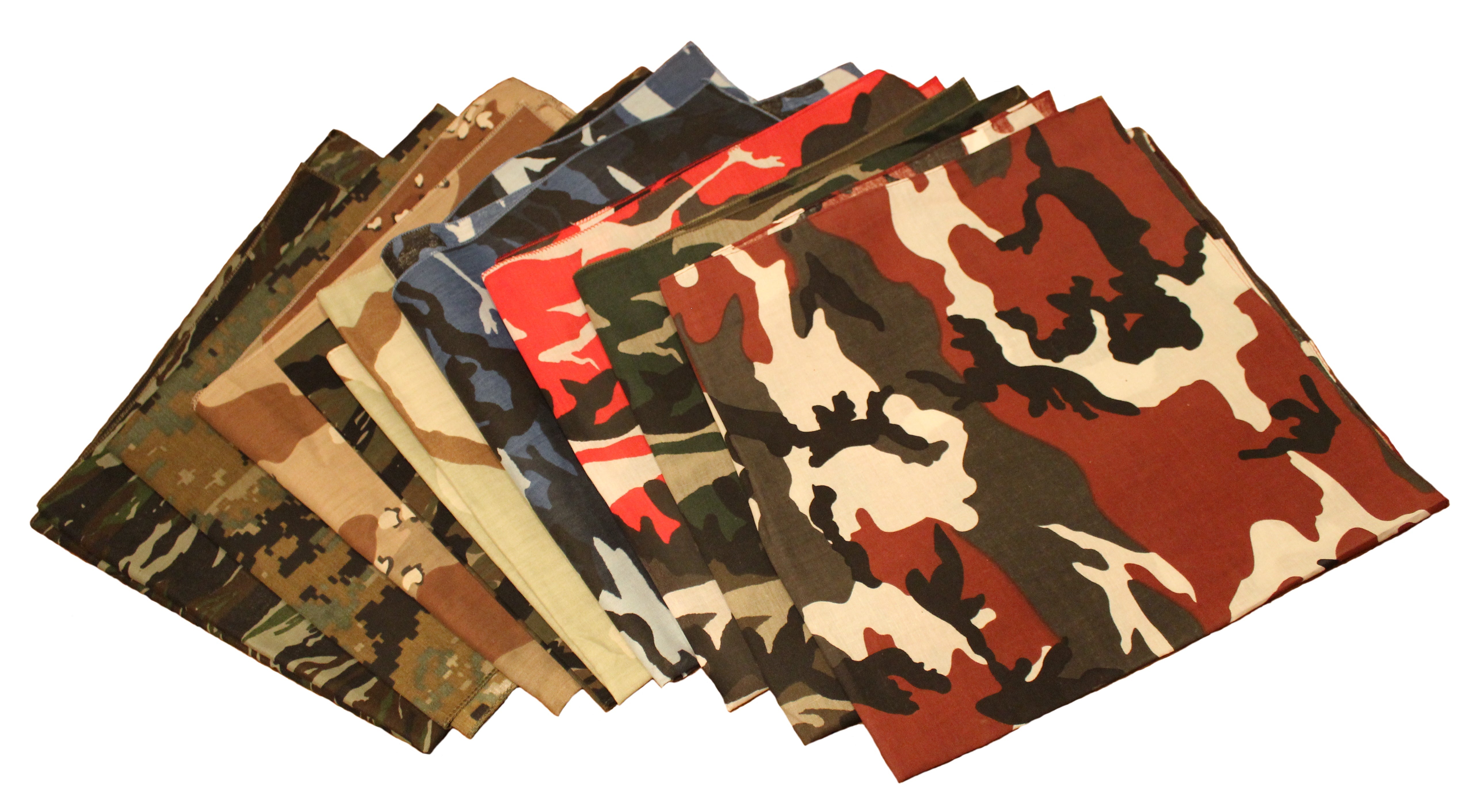 Camo Bandanas 12 Pack Assortment 22" X 22" Made In USA