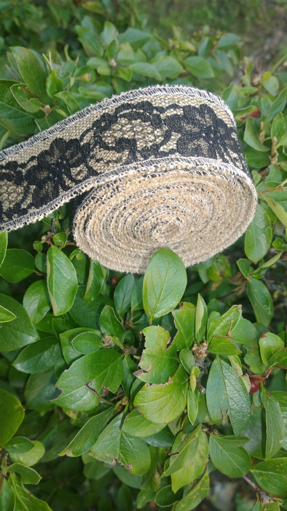 2" Natural Burlap Ribbon w/2" Black Lace 5 Yards - Made in USA