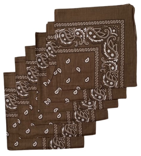 Brown Paisley Bandanas (6 Pack) 22" X 22" 100% Cotton