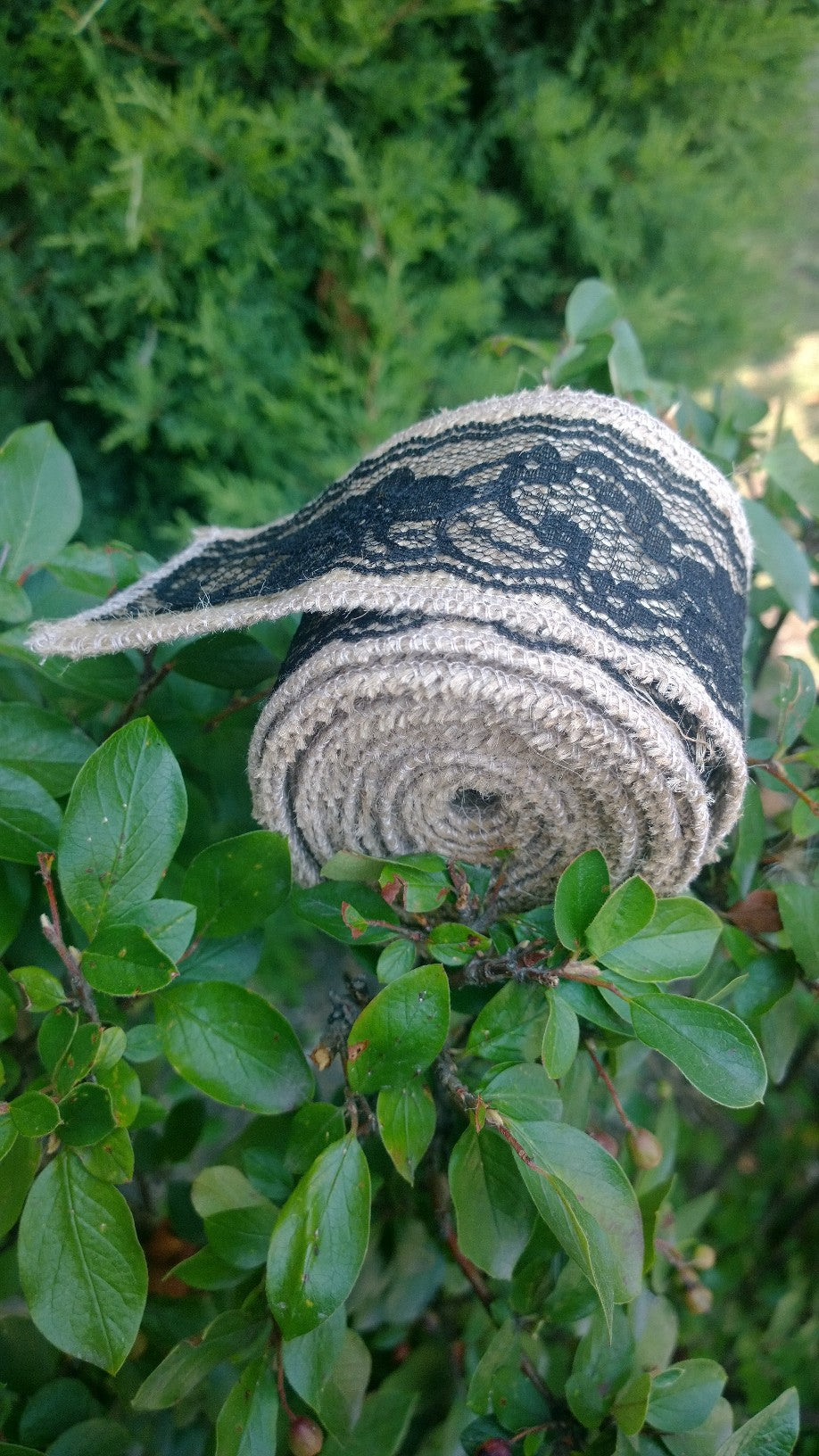 3" Natural Burlap Ribbon w/2" Black Lace 5 Yards - Made in USA