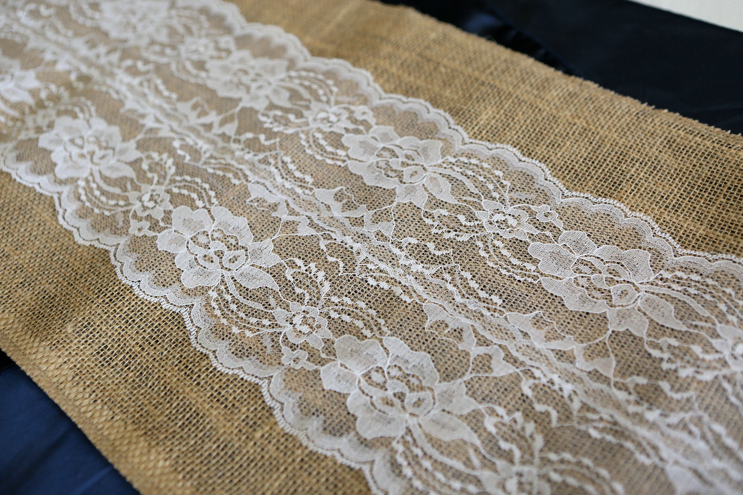 Burlap and Lace Table Runner - White (12" wide)  x 108" Long