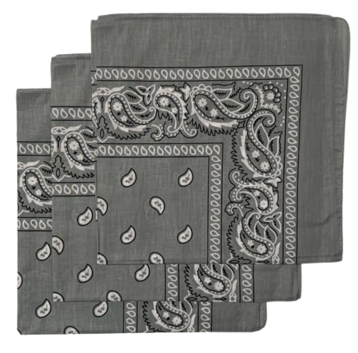 Grey Paisley Bandanas (3 Pack) 22" x 22" 100% Cotton