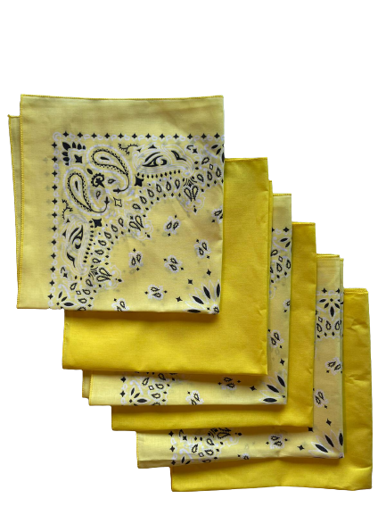 USA Made Paisley & Solid Yellow Bandanas 6 Pk 22" 100% Cotton