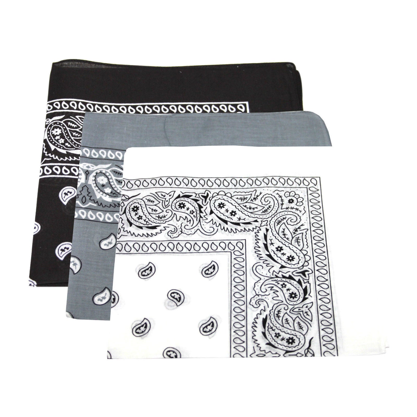 Paisley Bandanas Black, White, Grey 22" x 22" Cotton (12 Pk)