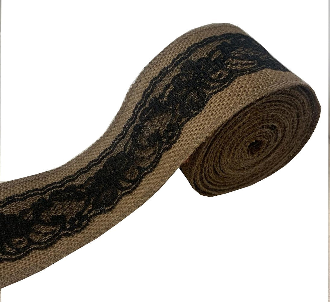 3" Brown Burlap Ribbon With Black Lace 5 Yard Roll - Made in USA