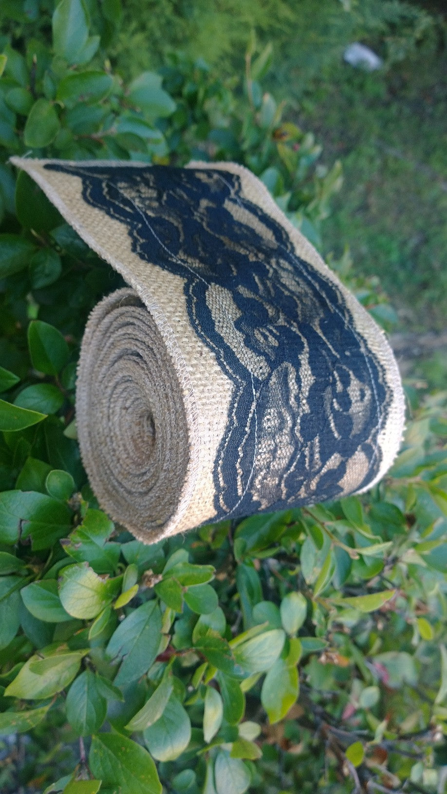 5" Burlap Ribbon with 4" Black Lace - 5 Yards