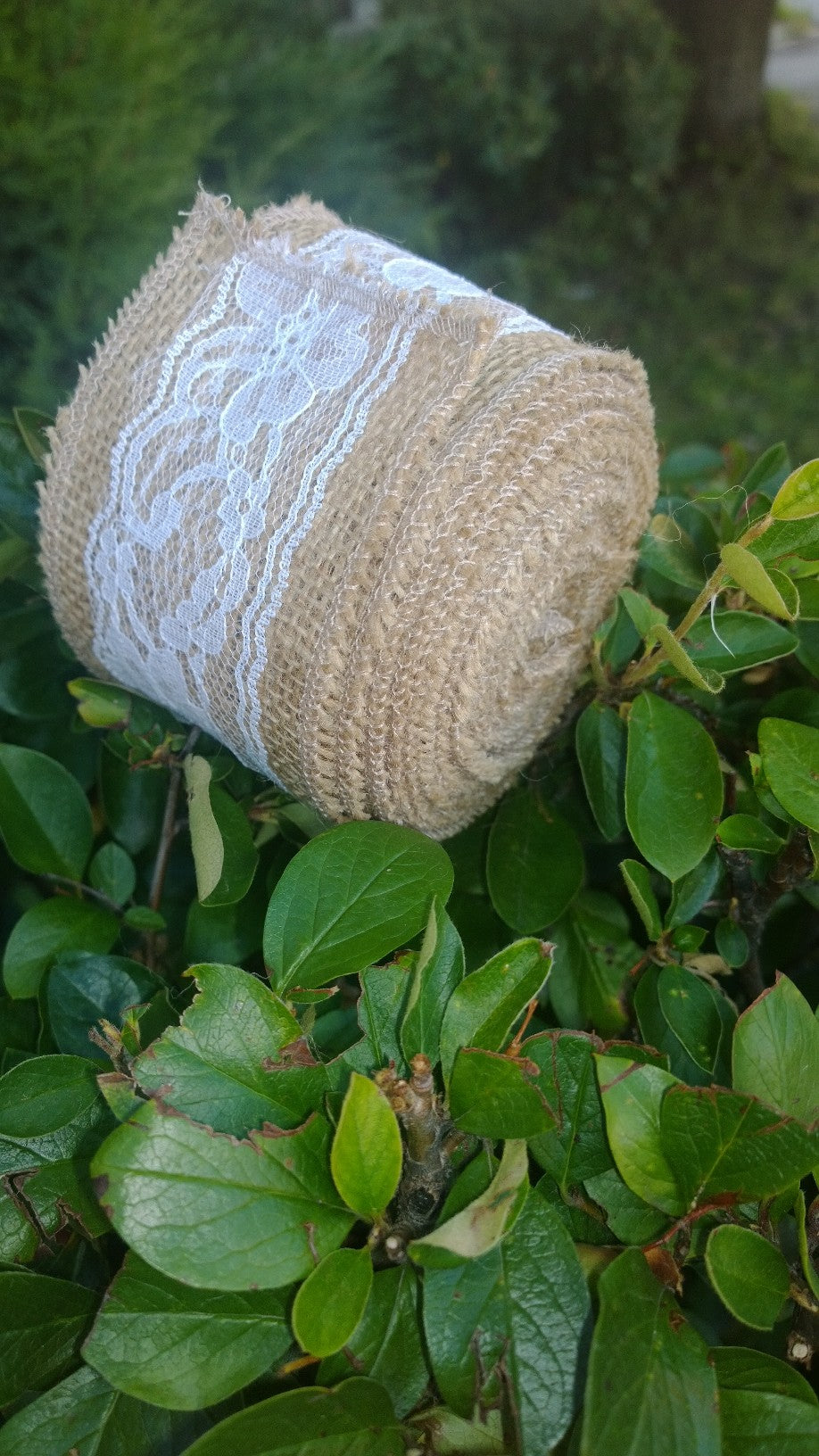 3" Natural Burlap Ribbon w/2" White Lace 5 Yards - Made in USA