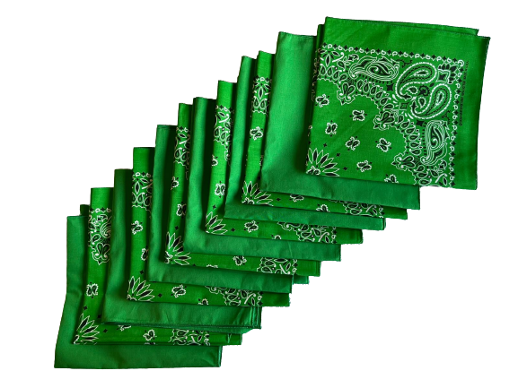 USA Made Paisley & Solid Green Bandanas 12 Pk 22" 100% Cotton