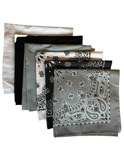 USA Made Paisley & Solid Grey, Black, White 6 PK 22" 100% Cotton