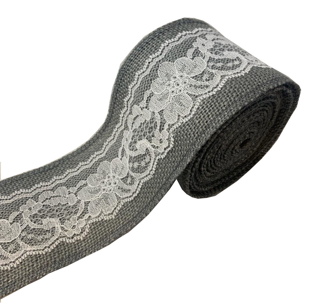 3" Grey Burlap Ribbon With White Lace 5 Yard Roll - Made in USA