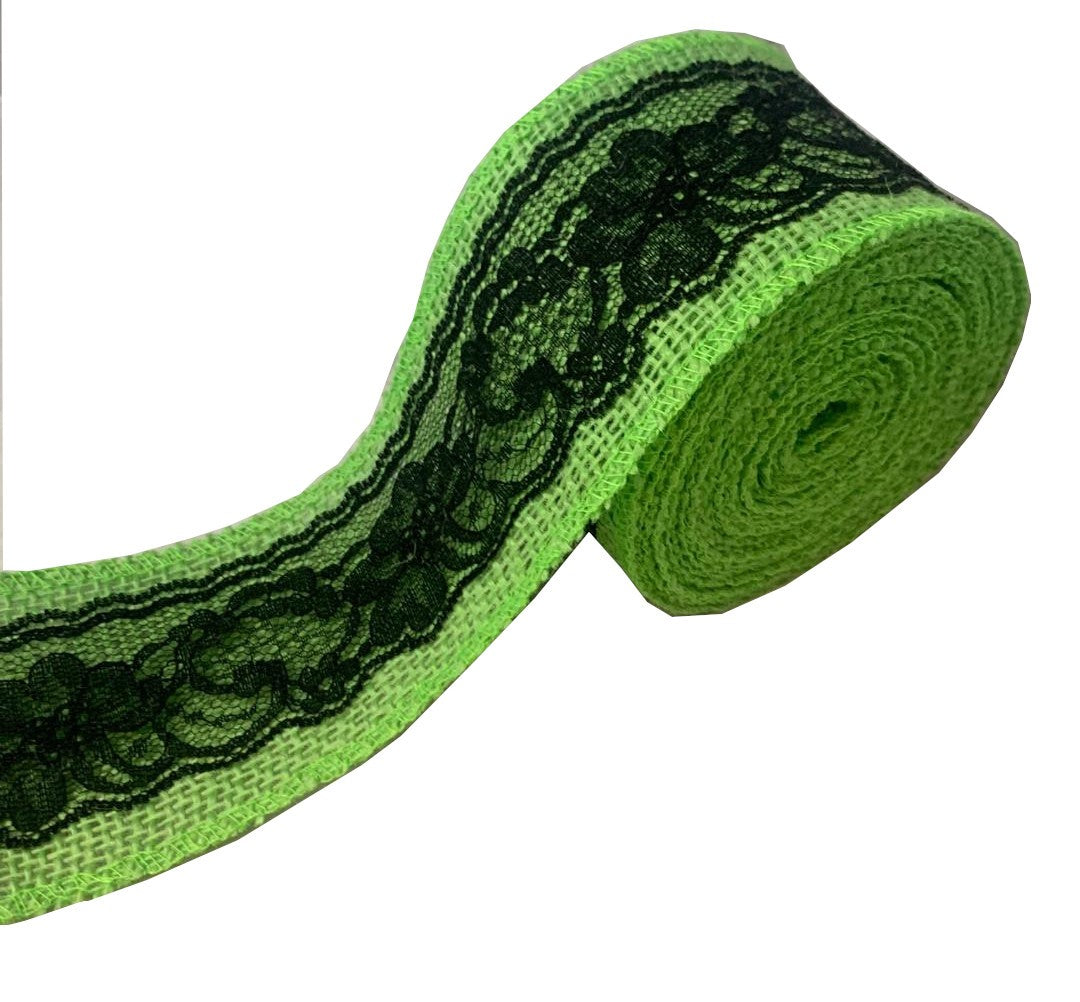 3" Lime Burlap Ribbon With Black Lace 5 Yard Roll - Made in USA