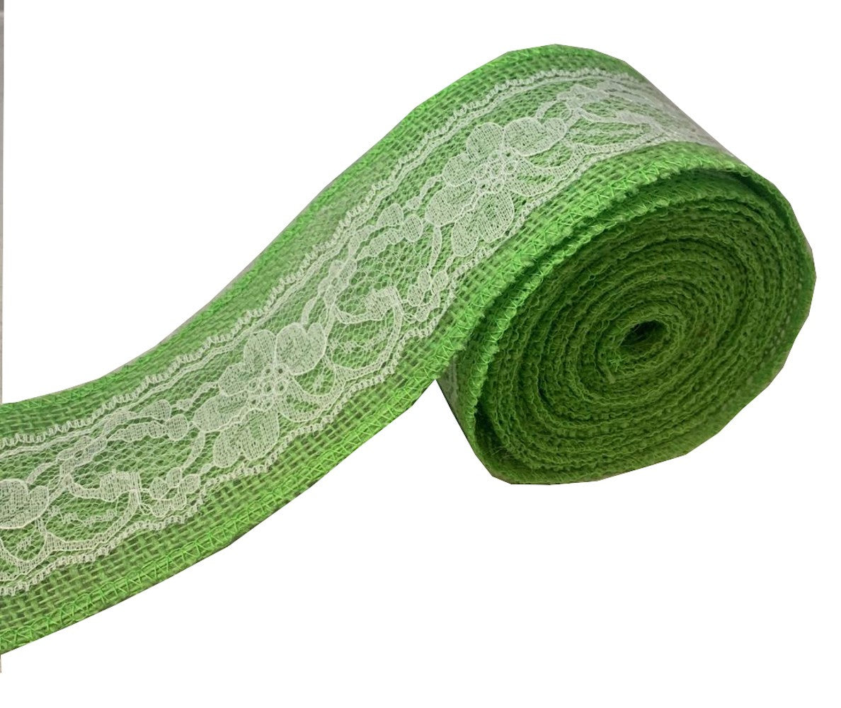 3" Lime Burlap Ribbon With White Lace 5 Yard Roll - Made in USA