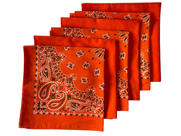 USA Made Paisley & Solid Orange Bandanas 6 Pk 22" 100% Cotton