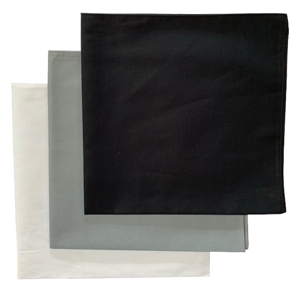 USA Made Solid Color Bandanas 3 Pk Cotton White Grey Black 22"