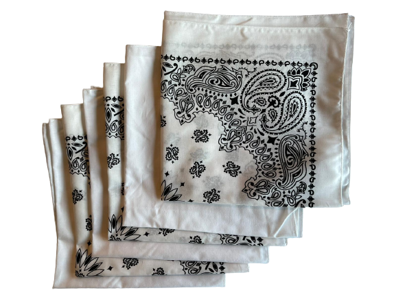 USA Made Paisley & Solid White Bandanas 6 Pk 22" 100% Cotton